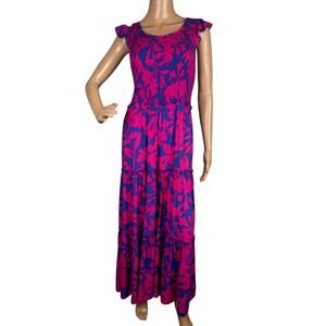 Abel The Label Anthropologie Tiered Maxi Dress Blue Pink Smocked Top Size M